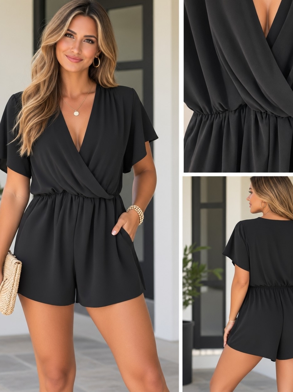 Women’s Black Surplice Short Romper - Classic Summer Jumpsuit